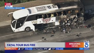 At least one dead after tour bus catches fire on 60 Freeway