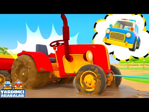 🚜 Traktör su birikintisine saplandı! 🚜 Çocuklar için çizgi film Yardımcı Arabalar. Yeni bölüm
