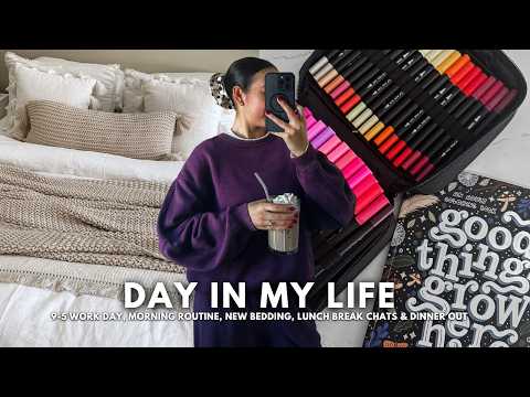 VLOG - 9-5 work day, morning routine, new bedding, lunch break chats, dinner out & a mundane vlog!