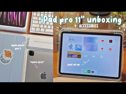 📦m2 ipad pro 11" unboxing + apple pencil 2nd gen, accessories, & setting up!🍏🪐