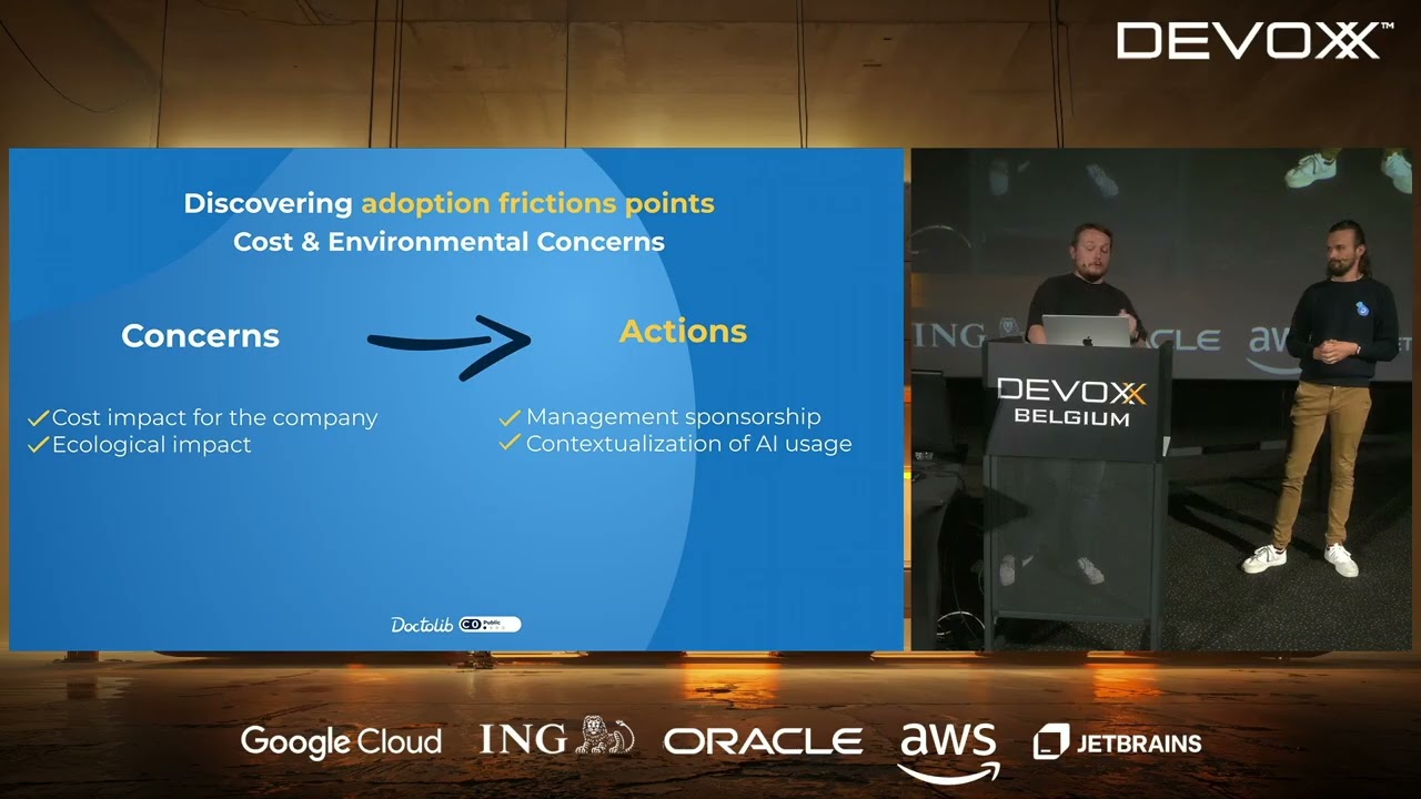 Thomas Bentkowski presenting about AI adoption friction points and environmental concerns at Devoxx Belgium 2025, with sponsor logos including Google Cloud, ING, Oracle, and AWS