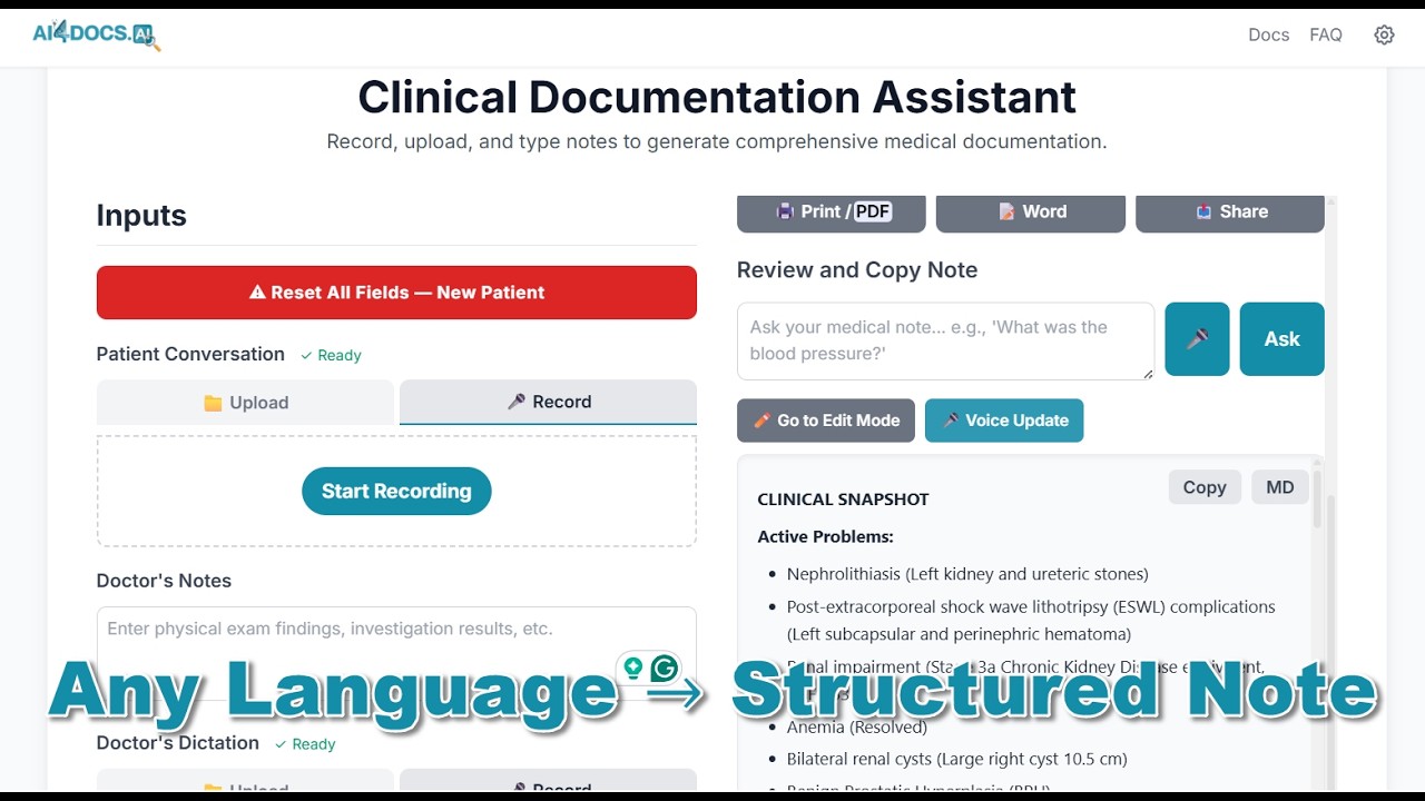 The Clinical Documentation Assistant from AI4Docs.AI | Multi-lingual affordable AI Medical Scribe