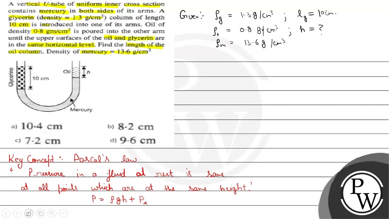 A vertical \( U \)-tube of uniform inner cross section contains mer...
