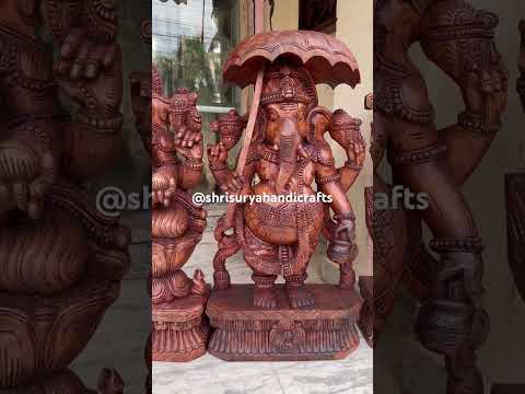 Wooden carved ganesha 36 inch four handed with umbrella and ...