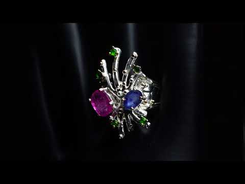 Серебряное кольцо с натуральным Рубином Сапфирами и Хромдиопсидами 18р видео