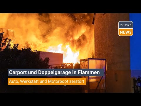 NEUHOF: Carport und Doppelgarage in Flammen: Auto, Werkstatt und Motorboot zerstört