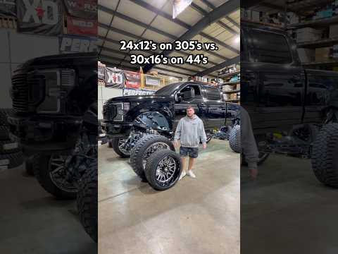 Size comparison of 24x12 American Force wheels on 305/35/24 Venom tires vs. 30x16 JTX Forged on 44’s