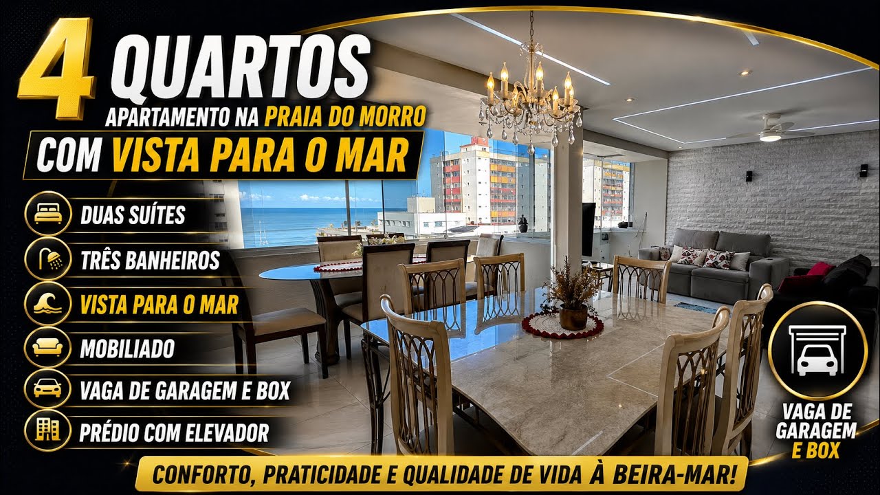Vista para o mar 4 quartos, mobiliado, 2 suítes, elevador e vaga