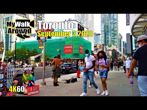 Downtown Toronto skyscrapers & people watch on September 3 2020 (Toronto 4k walk)