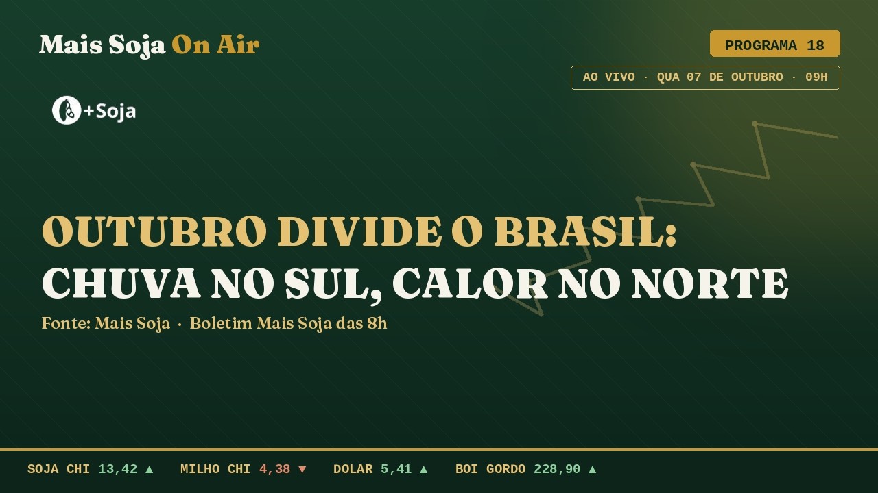 Soja cai 1,53% | Chuvas acima da média no Sul em Outubro | Milho em Alerta | MAIS SOJA ON AIR