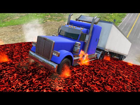 Cars and Train vs Lava Hill - Monster Truck Driving and Jumping over Lava Bulge Road - BeamNG OMDs
