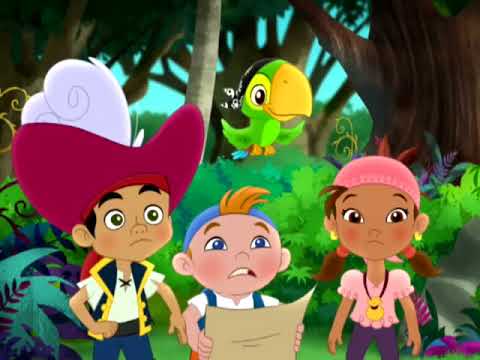 Disney Junior trailer frame: Jake, Izzy, and Cubby launch from Pirate Island as the theme kicks in