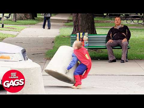 Superman Boy Tries To Move Concrete Barrier In Park! | Just For Laughs Gags