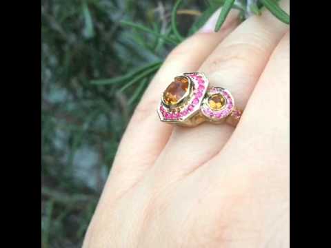 Art Deco Citrine and Pink Sapphire Engagement Ring in 14K Rose Gold by Jewelryartworkbyvick-V1111E