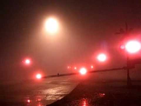 freight train at night in the fog