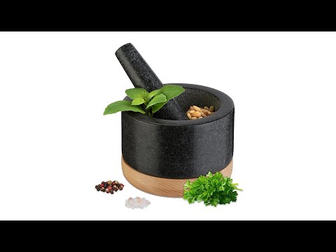 Mörser mit Stößel und Holzuntersetzer Schwarz - Braun - Grau - Granit - 14 x 10 x 14 cm