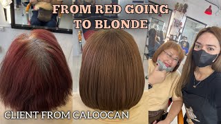 FROM RED COLOR GOING TO BLONDE COLOR, step by step hair tutorial