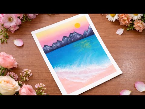 Pink Sky Beach Scenery | Easy Sunset Beach Scenery | Oil Pastels Art 