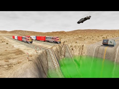 Cars and Ramp Truck vs Huge Pit and Trains #3 BeamNG Drive