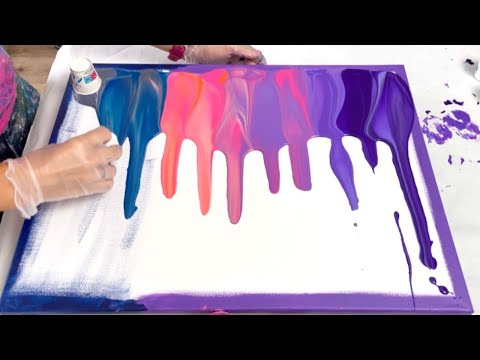 Tropischer Sonnenuntergang am Meer & Palmensilhouetten, Acryl-Farbgießtechnik, abstrakte Fluid Ar...