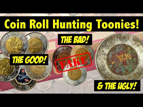 Coin Roll Hunting $1,000 in Canadian Toonies. Some Beauties & More Fakes!