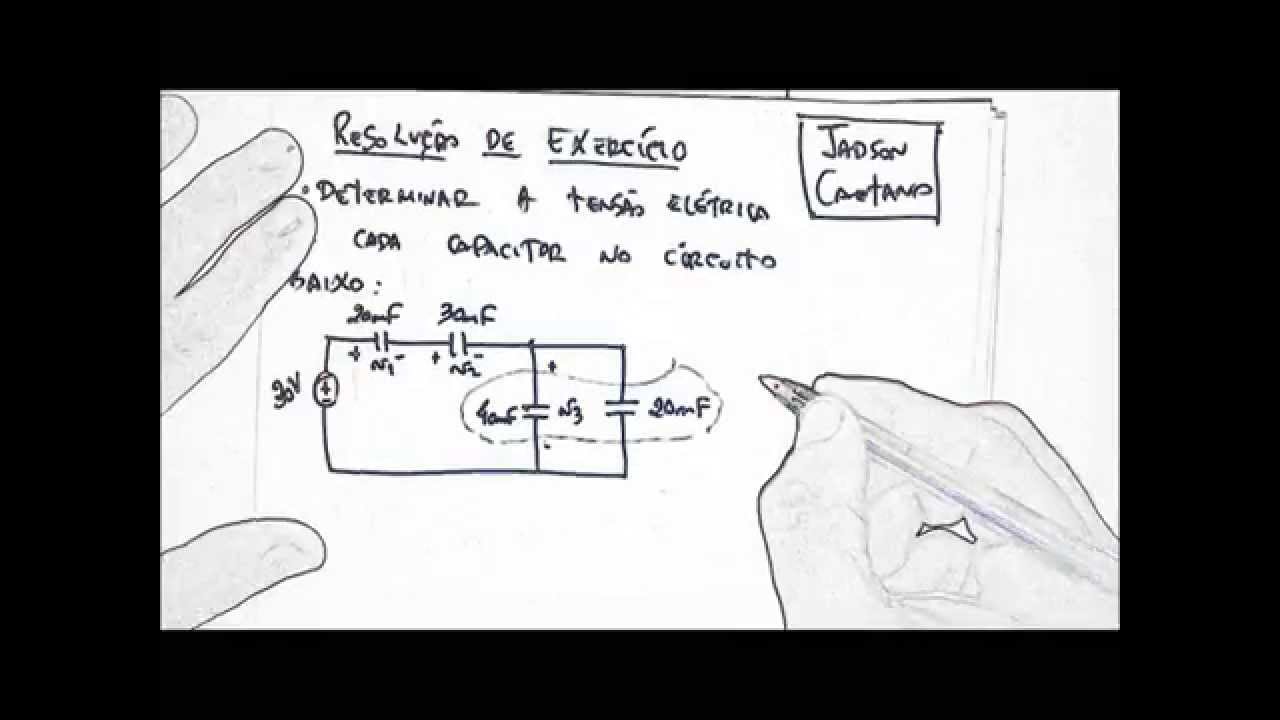 Circuito Misto Capacitores Cálculo da Capacitância Equivalente, Carga e Tensão nos Capacitores