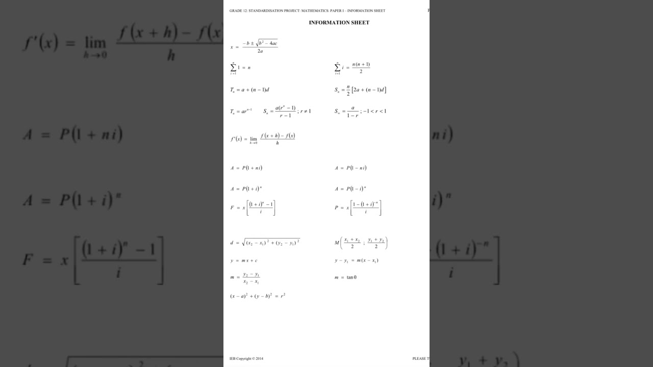 Mathematics grade 12 formula sheet