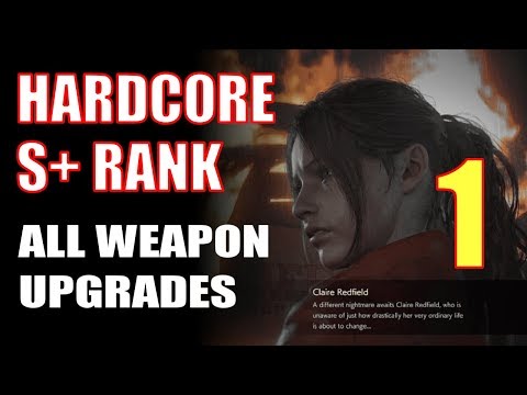 RE2 Remake Claire A HARDCORE Walkthrough, S+ Rank, ALL WEAPON UPGRADES Part 1 - G1 Boss Fight