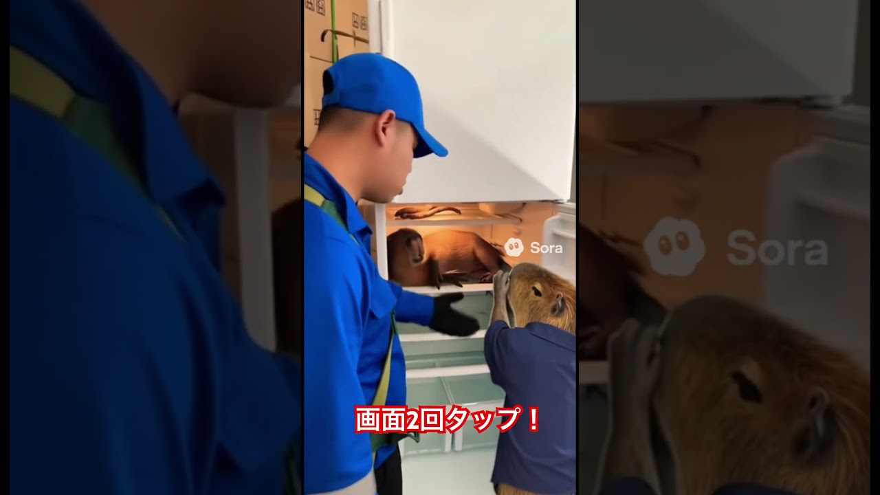 引越しの荷物の冷蔵庫の中にカピバラ#ai