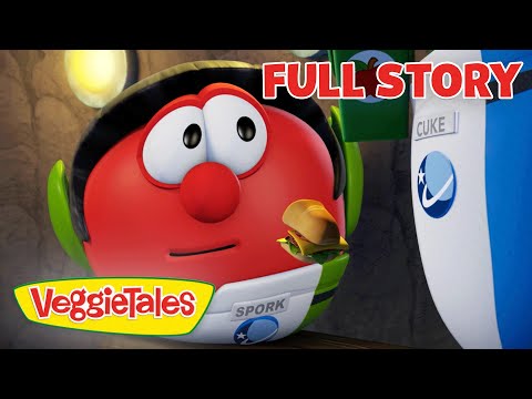 Red VeggieTales character wearing a green headset, holding a hamburger, with a bold 'FULL STORY' banner and VeggieTales logo in the frame.