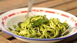 Raw Zucchini Spaghetti with Basil Pesto