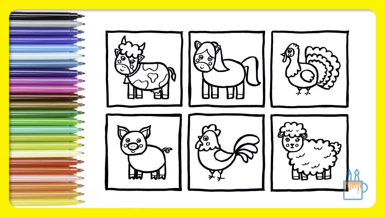 Vamos desenhar e colorir os animais da fazenda | Aprendendo os animais e as cores 🐮 🐴 🦃 🐷 🐔 🐑