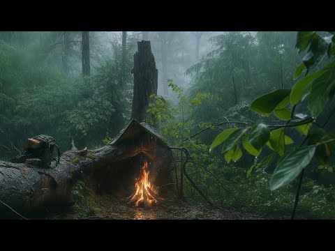 Solo Survival Camping in Heavy Rain | Bushcraft Shelter, Cooking Juicy Steak, Wild Forest Adventure