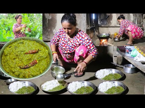 Rice & Karkalo Cooking And Eating - Green Taro Leaves Recipe - Karkalo Gava Recipe - NepaliVillage