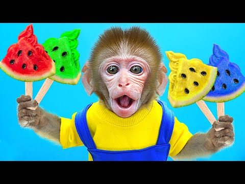 KiKi Monkey play Colorful Watermelon Ice Cream challenge & eat MM Candy with shark |KUDO ANIMAL KIKI