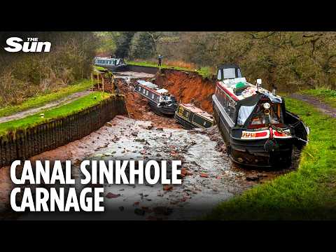 Giant SINKHOLE swallows canal sparking rescue mission in Shropshire