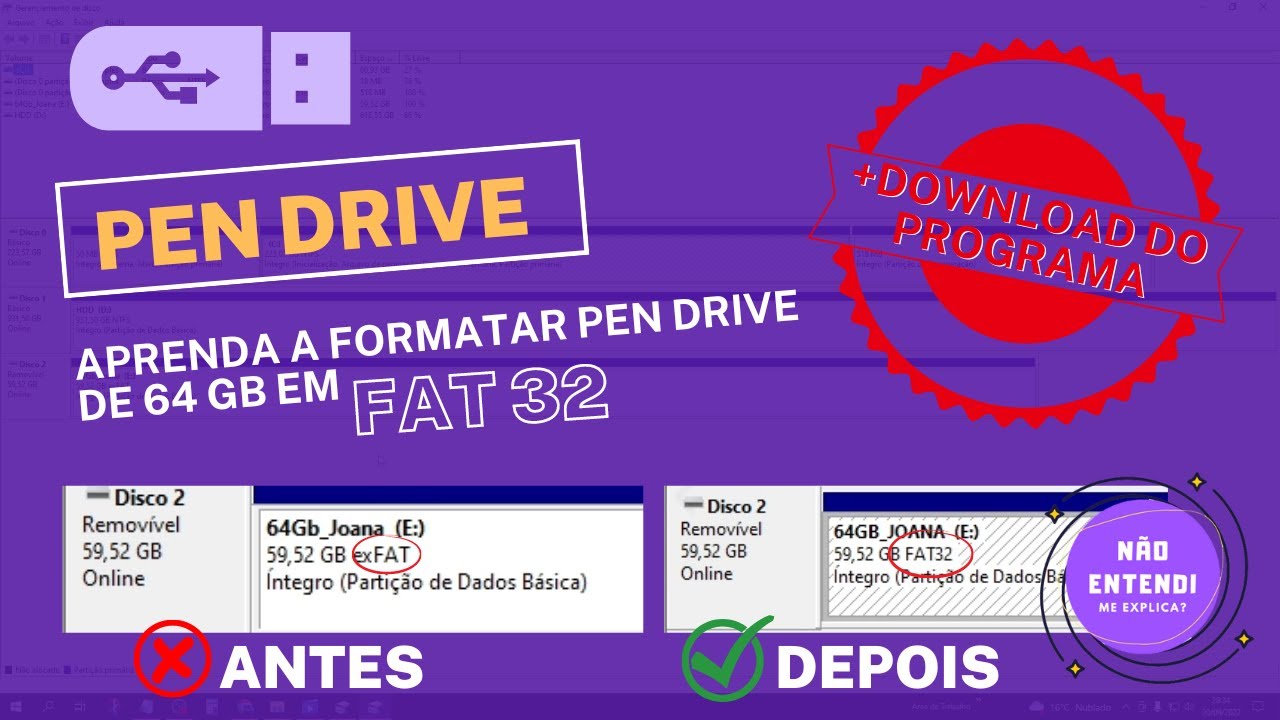 Como formatar pen drive 64gb ou mais em fat32 (motivo do pen drive não funcionar na TV)