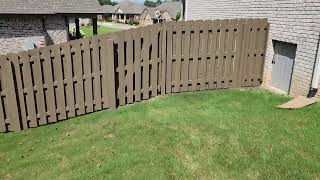 Scheuermann Stain.  Sherwin-Williams Woodscapes Rain Refresh Tobacco color stain on Shadowbox fence.