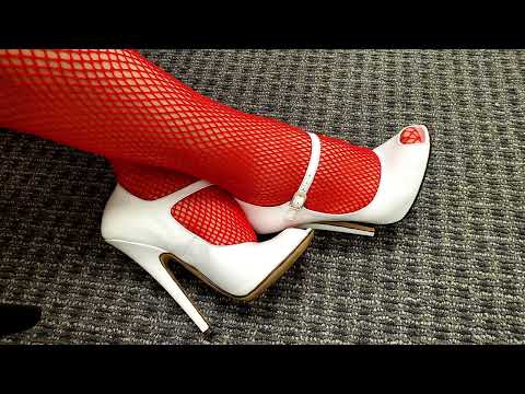 6 inch high heels and red fishnet stockings for Halloween
