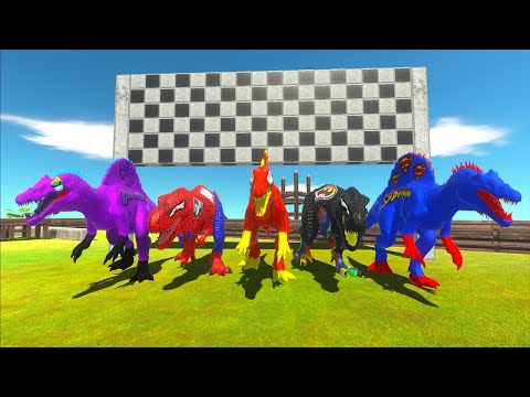 Spiderman, Batman T-rex vs Thanos, Flash, Superman Spinosaurus Dc Marvel Speed Race Championship