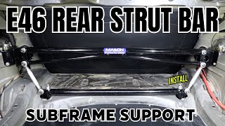 E46 Mason rear strut tower bar install - BMW Racecar Chassis subframe reinforcement performance fix