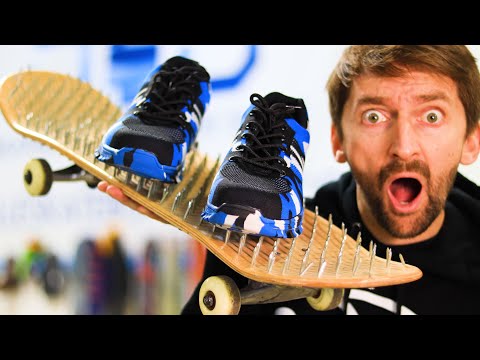 BED OF NAILS SKATEBOARD OFF A 10 FT DROP! INDESTRUCTABLE SHOE TEST!