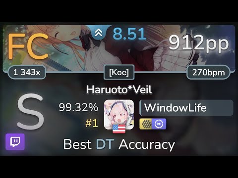 🔴 WindowLife | Ceui - Haruoto*Veil [Koe] +HDDT 99.32% (#1 912pp FC) - osu!