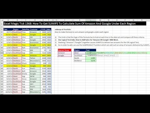 Excel Magic Trick 1368: How To get SUMIFS to Calculate Sum Of Amazon And Google Under Each Region