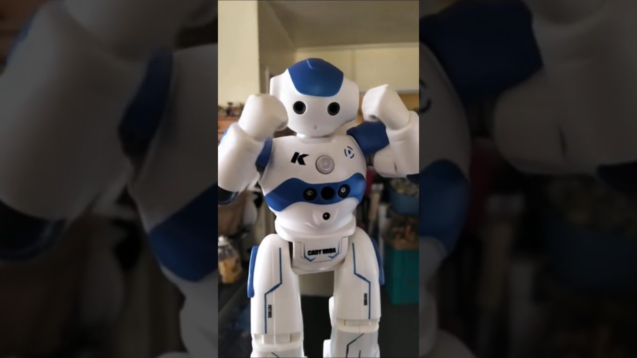 Robot cyber man walks flexs