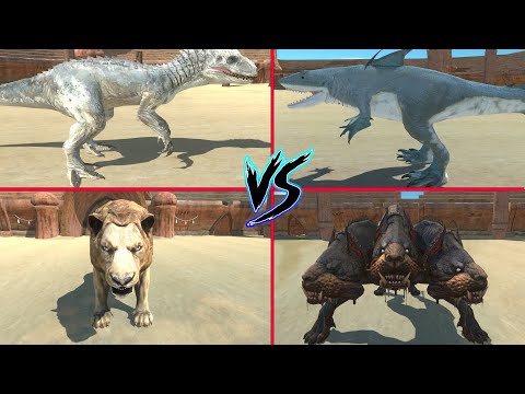 CERBERUS VS KINGSHARK VS LION VS INDOMINUS REX  - Animal Revolt Battle Simulator