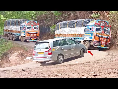 Ghat Road : Cars Crossing Heavy Loaded Truck 12 Tyres Lorry Driving Stopped on Ghat Road U Turnings