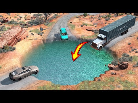 Cars vs Huge Water Potholes #1 - BeamNG.Drive | Cars vs Giant Pit | BeamNG Station