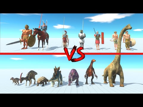 ancient humans team against herbivore dinosaurs team - Animal Revolt Battle Simulator