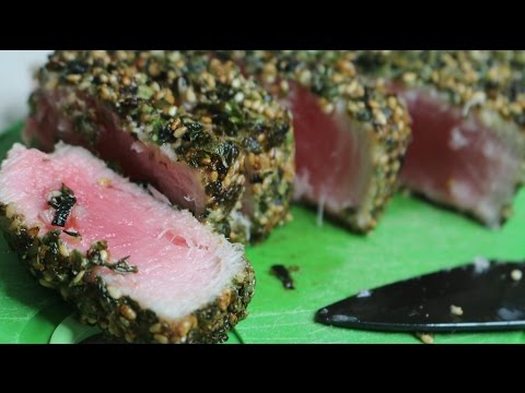 炙りふりかけアヒージョマグロステーキ (Seared Furikake Ahi Tuna Steaks)